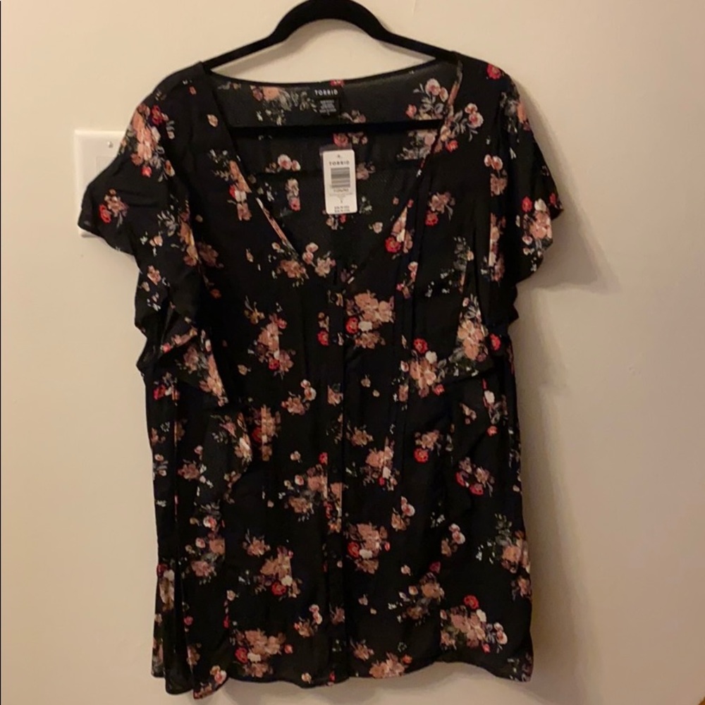 Black Floral Blouse with Flutter Sleeves